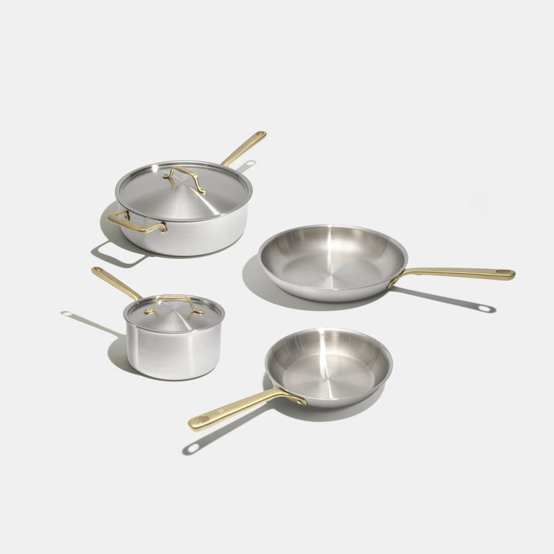 Batterie de cuisine en inox avec manches dorés, 7 pièces