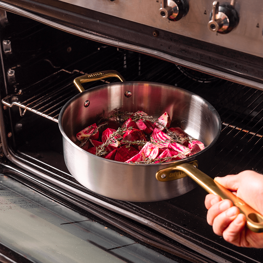 Batterie de cuisine en inox avec manches dorés, 15 pièces