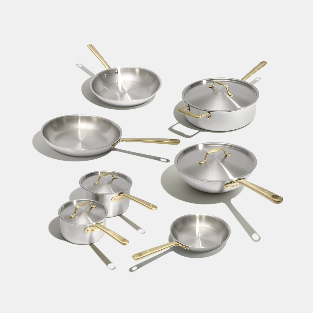 Batterie de cuisine en inox avec manches dorés, 12 pièces