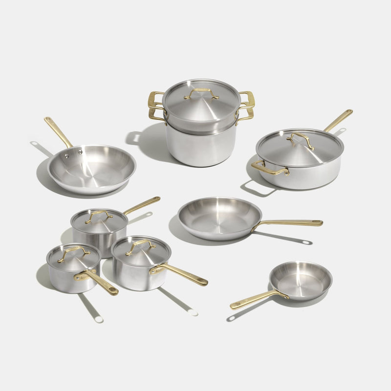 Batterie de cuisine en inox avec manches dorés, 15 pièces