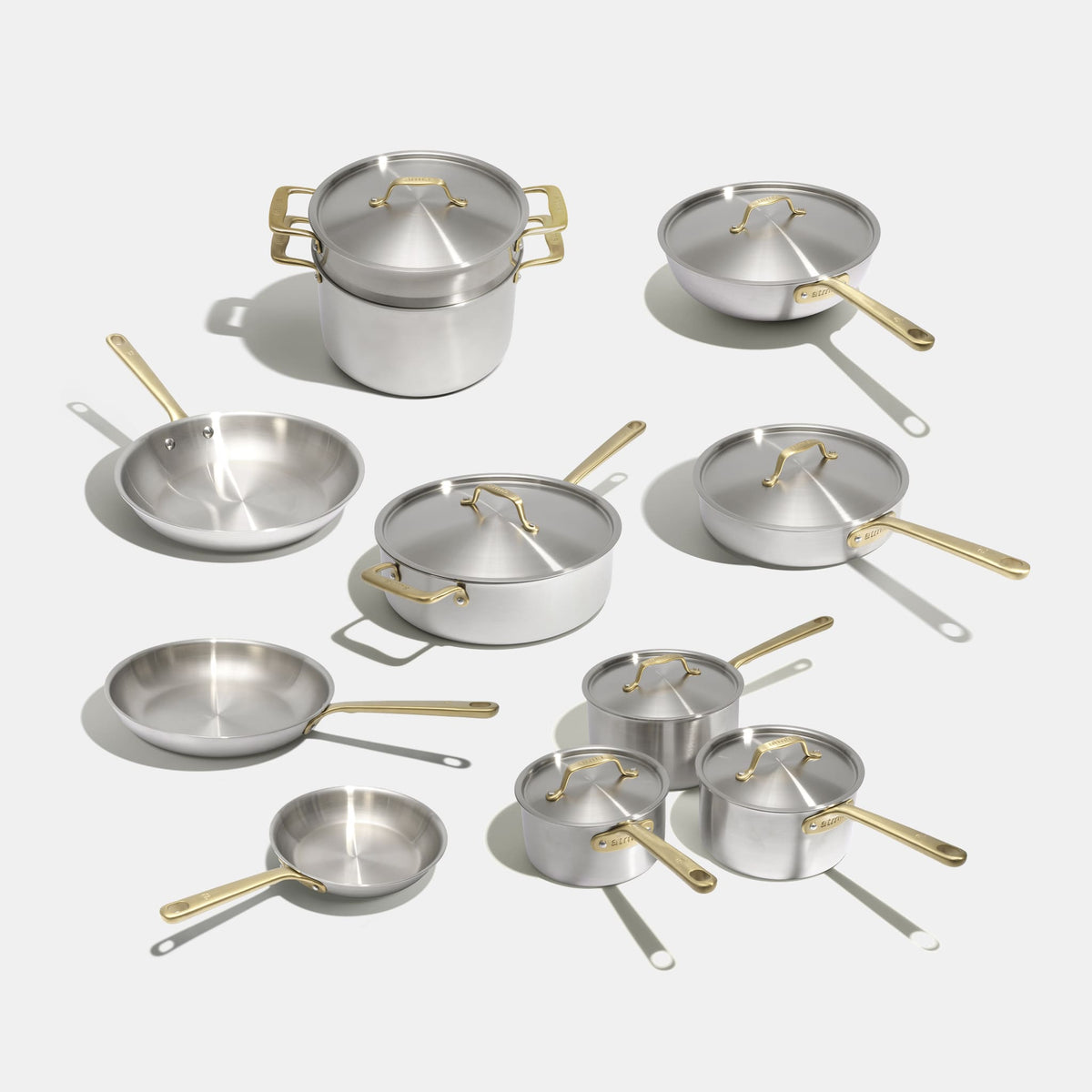 Batterie de cuisine en inox avec manches dorés, 19 pièces