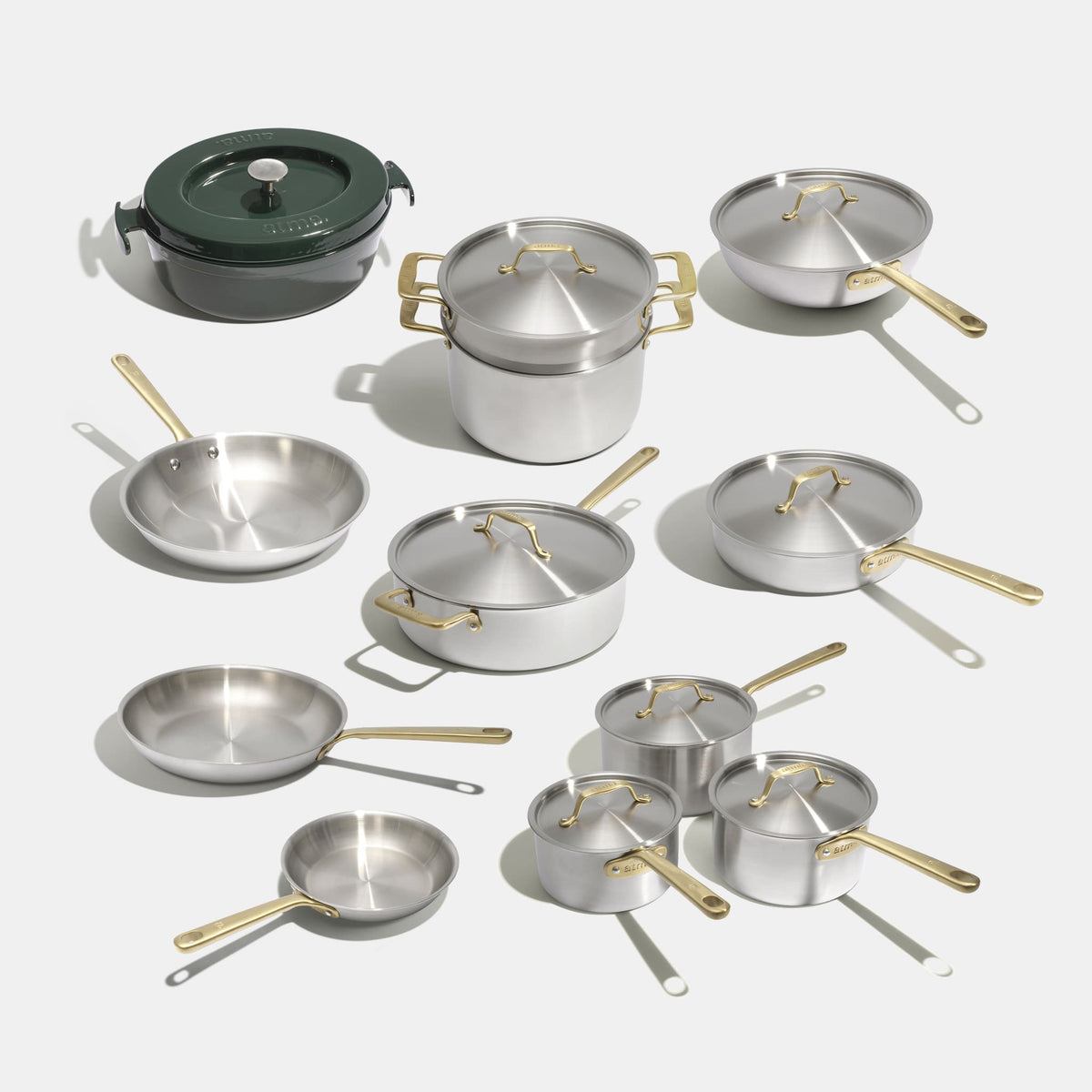Batterie de cuisine en inox avec manches dorés, 21 pièces