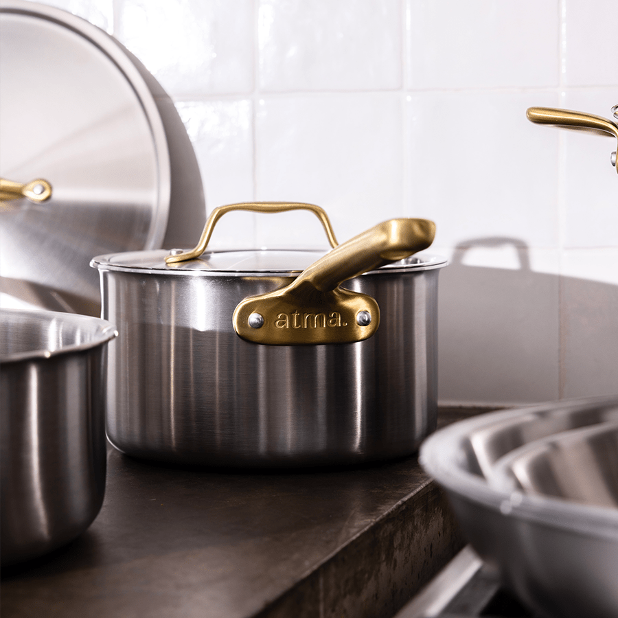 Batterie de cuisine en inox avec manches dorés, 7 pièces